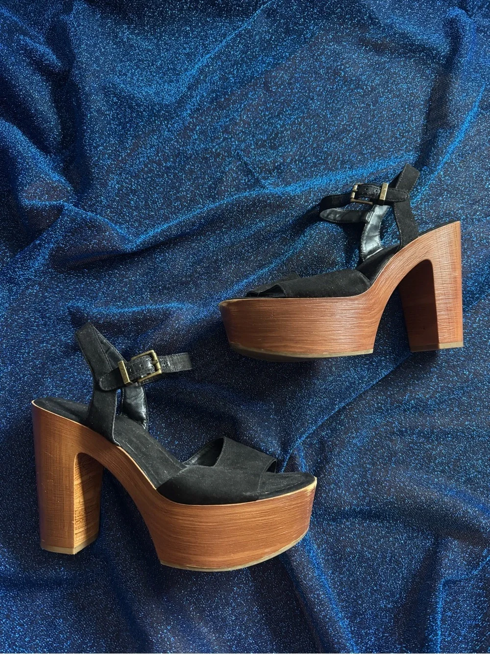 Mix No. 6 Black Suede Platform Sandals with Wood-Effect Heel size 8